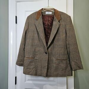 Vintage Dumas Women's Petite 14 Wool Houndstooth Tweed Suede Collar Blazer